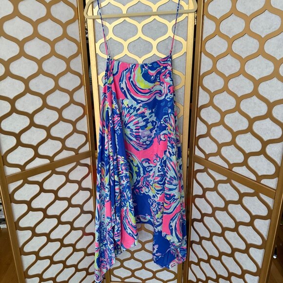 Lilly Pulitzer Size L NEW Blue Pink Kimi Silk Sleeveless Asymmetrical Hem Dress - Picture 6 of 16